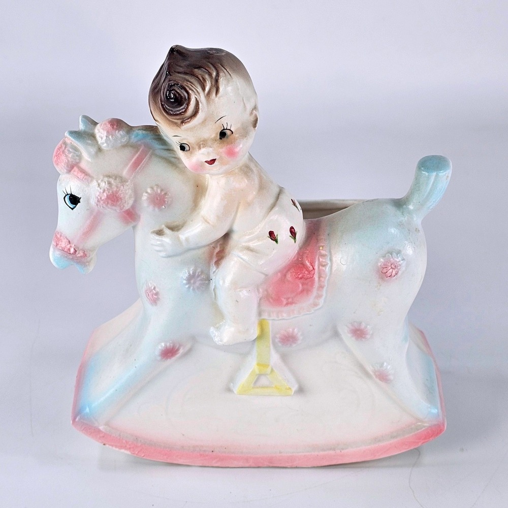 Vintage Rubens Originals Baby on Rocking Horse Planter Japan 645M Pink Blue
